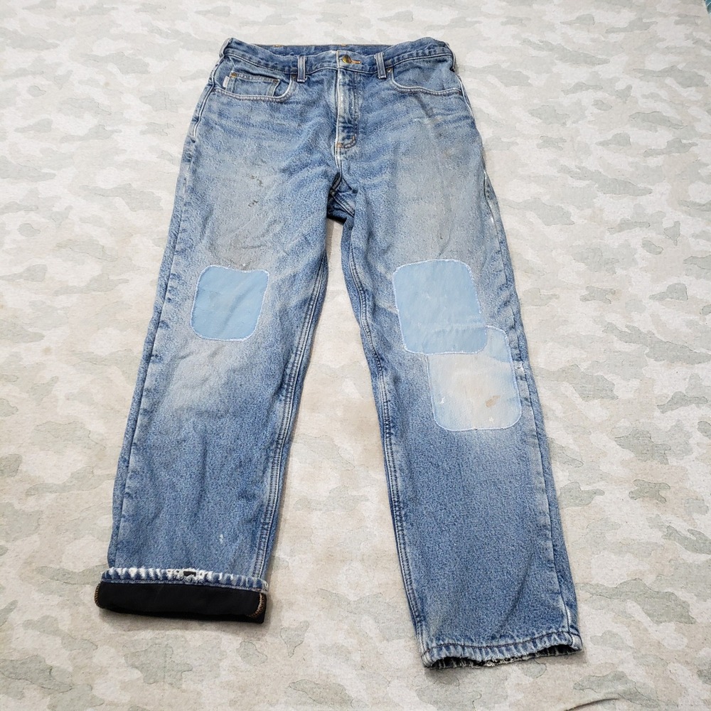 Carhartt Jeans Mens 31x28 Blue Relaxed Fit Workwear Patched Denim Fleece Lined